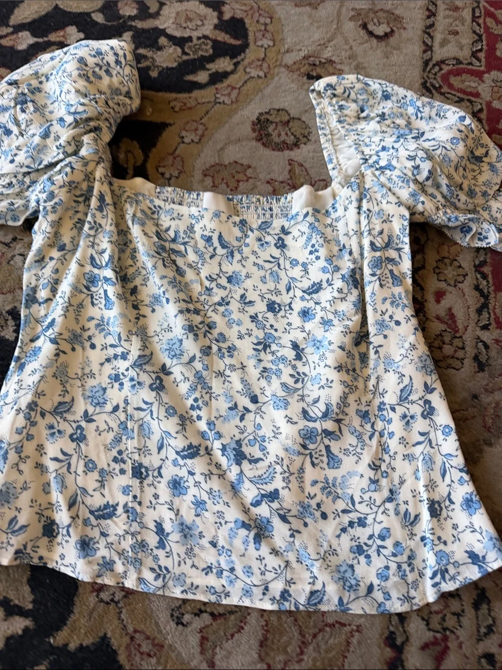 Reformation Blue Floral Puff-Sleeve Square-Neck Blouse